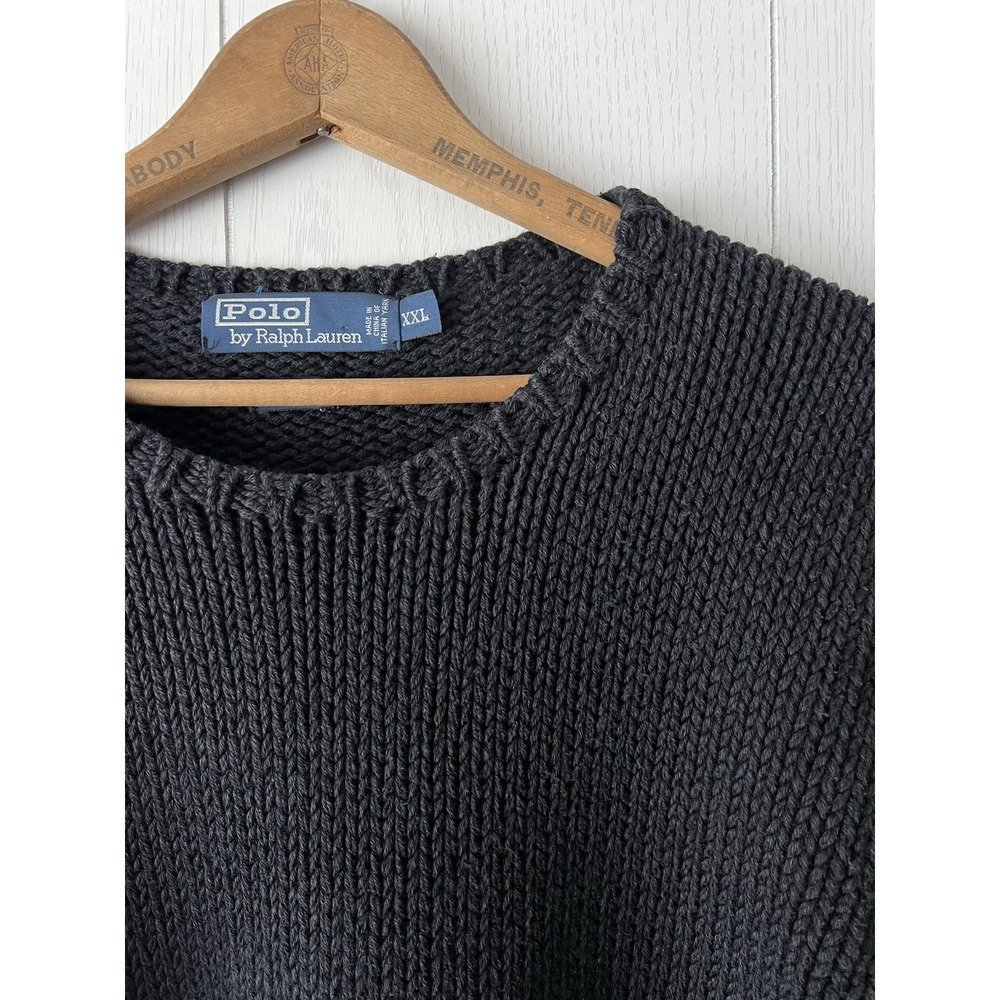 Vintage Polo Ralph Lauren Wool Blend Sweater Suede Elbows Chunky Knit Black XXL - Picture 6 of 10